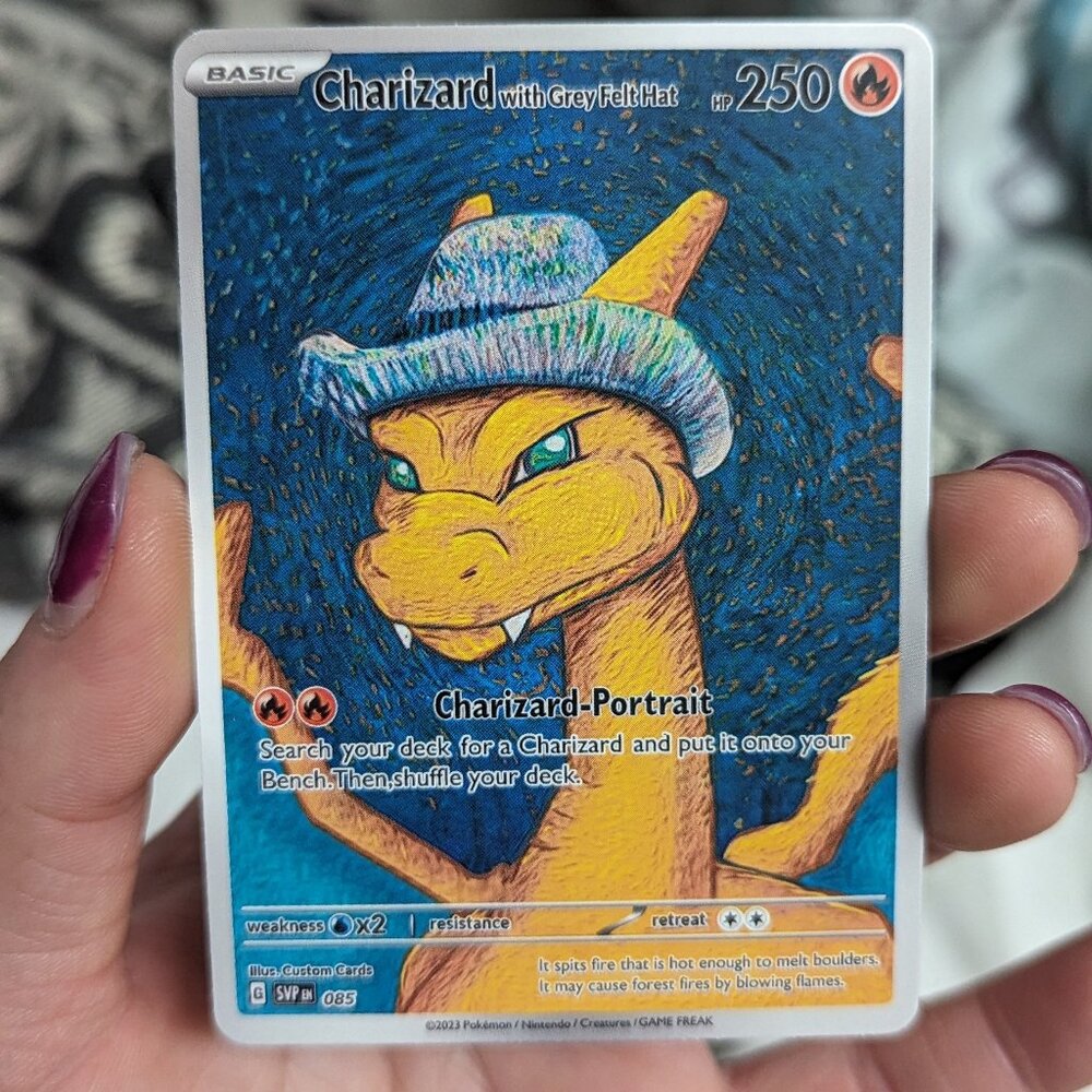 POKEMON CUSTOM FAN MADE CARD - Charizard with Grey Felt Hat - Van Gogh Style